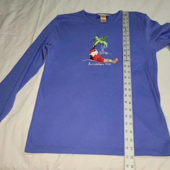 Santa On a Beach Christmas "Let It Snow Somewhere Else" Blue Longsleeve Lg Shirt - Picture 9 of 13